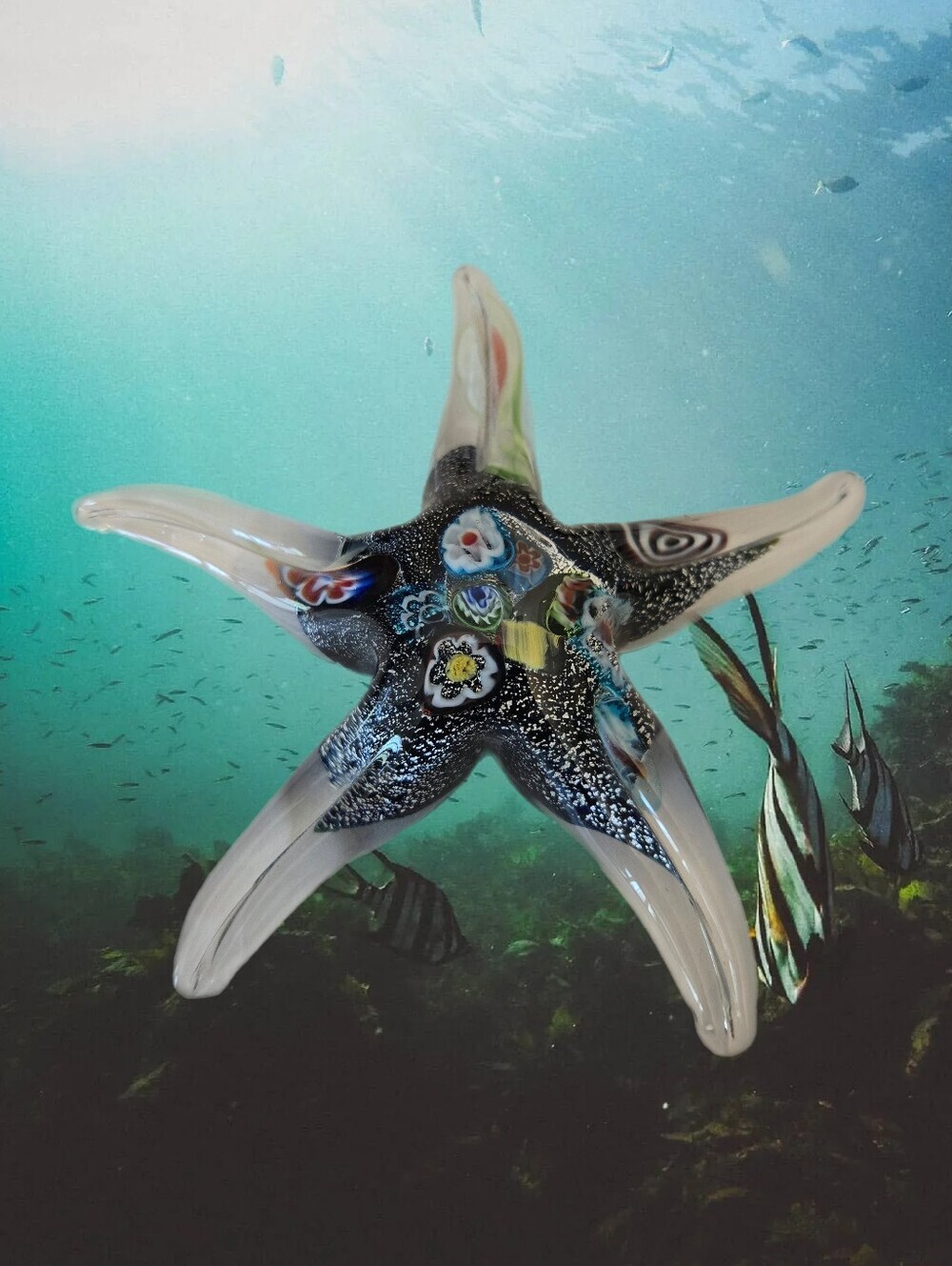 Glass Starfish Handblown Paperweight Millefiori Design Shimmering Glitter Accent